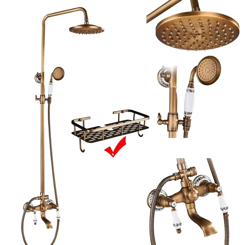 Antikes Messing-duscharmatur-set, Warm- Und Kaltwasserhähne, Elegante Gebürstete Oberfläche, Band C Mit Regal