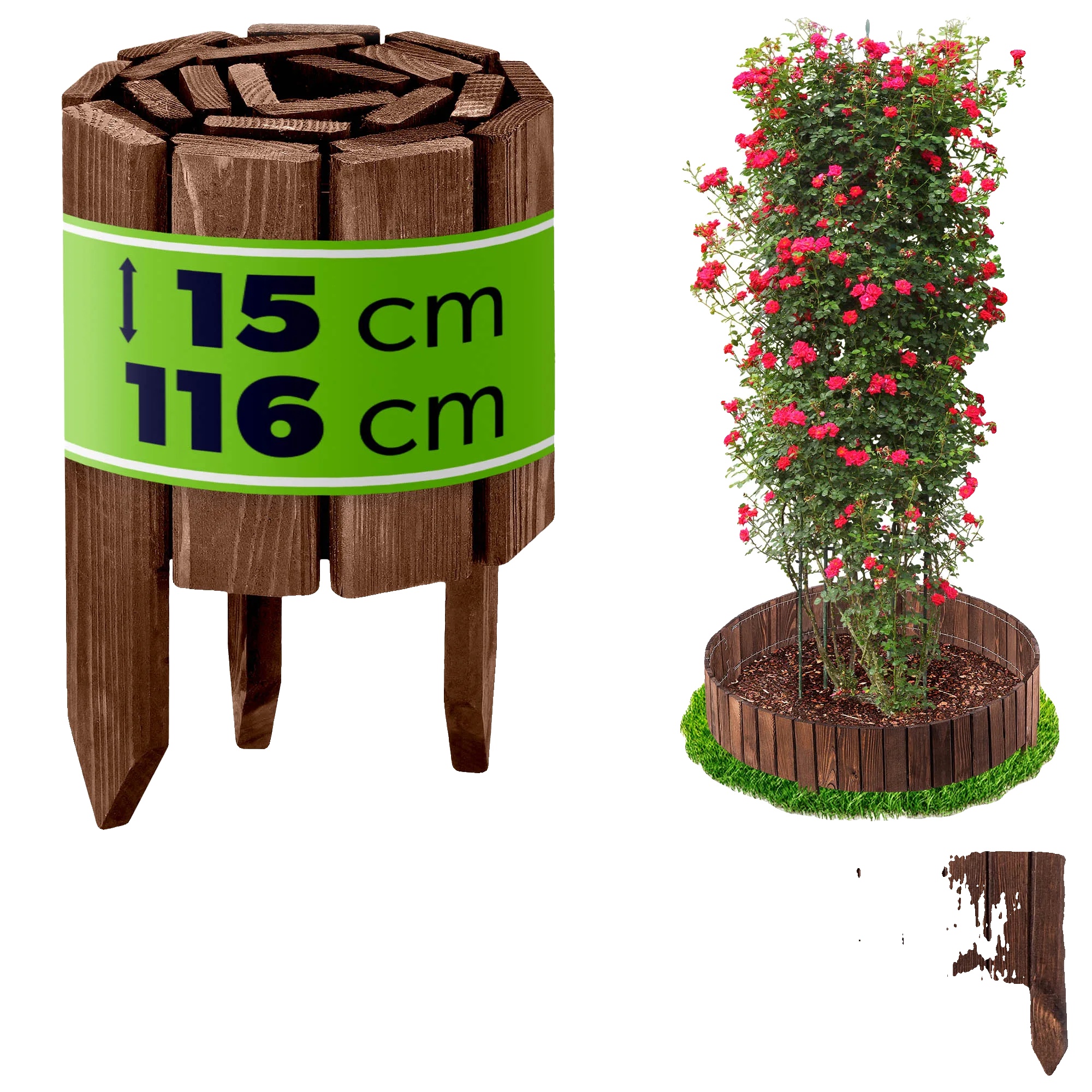 Garten-palisadenzaun, Langlebiges Holz, 15 Cm Höhe, 116 Cm Länge, Wetterfest, Werkzeugfreie Montage