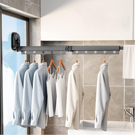 Ausziehbarer, Wandmontierter Wäschetrockner Mit Saugnapf, Faltbar, Mit Haken Und Handtuchhalter, Für Balkon, Waschküche, Badezimmer, Schlafzimmer (dunkelgrau, 2 Fächer)