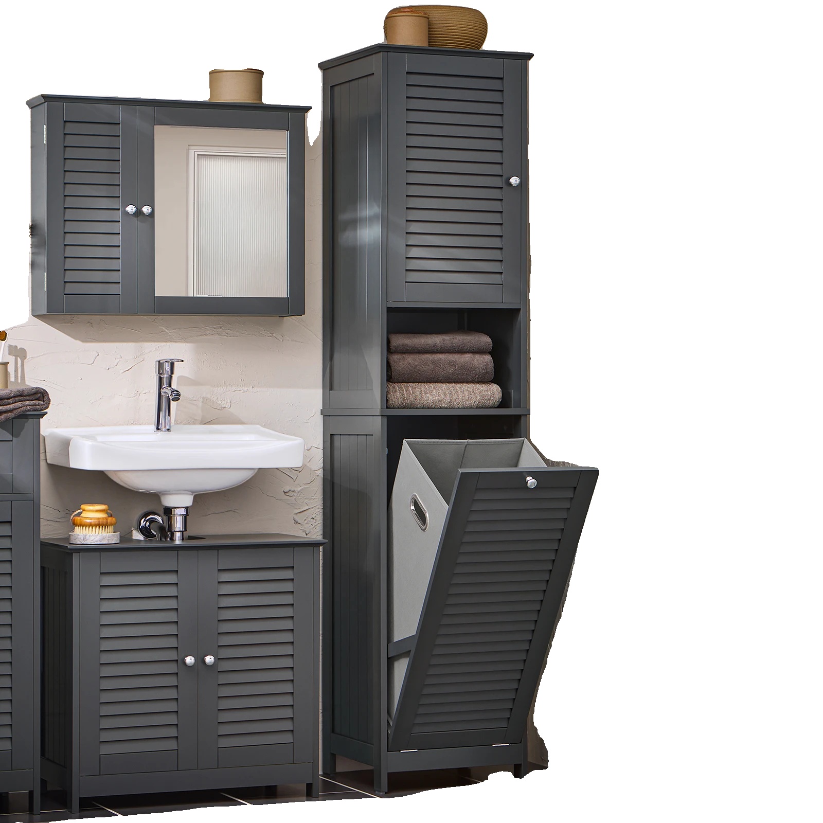 Hoher Kleiderschrank, Platzsparendes Design, Integrierter Wäschekorb, Dunkelgrau