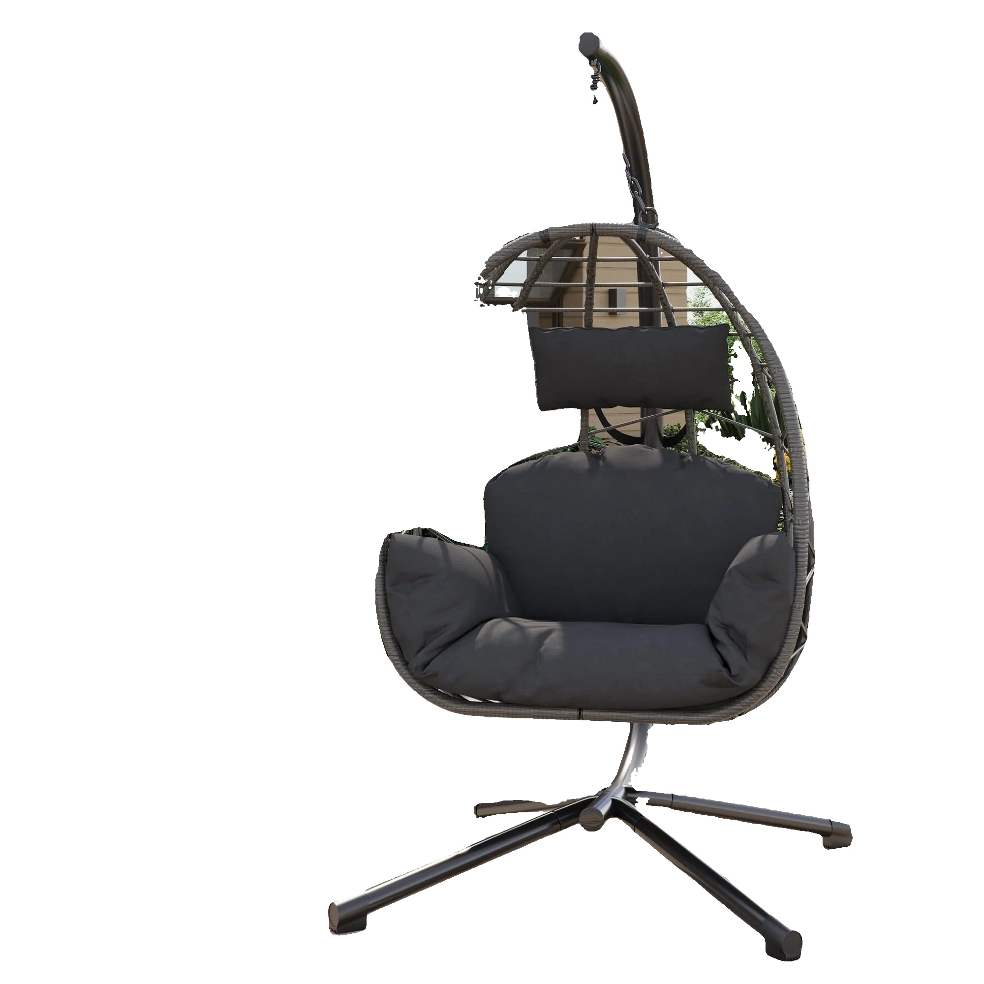 Hängesessel, Tragfähigkeit 150 Kg, Für Innen- Und Außenbereich, Pe-rattan-material, Freistehendes Rahmen-design, Weiche Ergonomisch Geformte Kissen