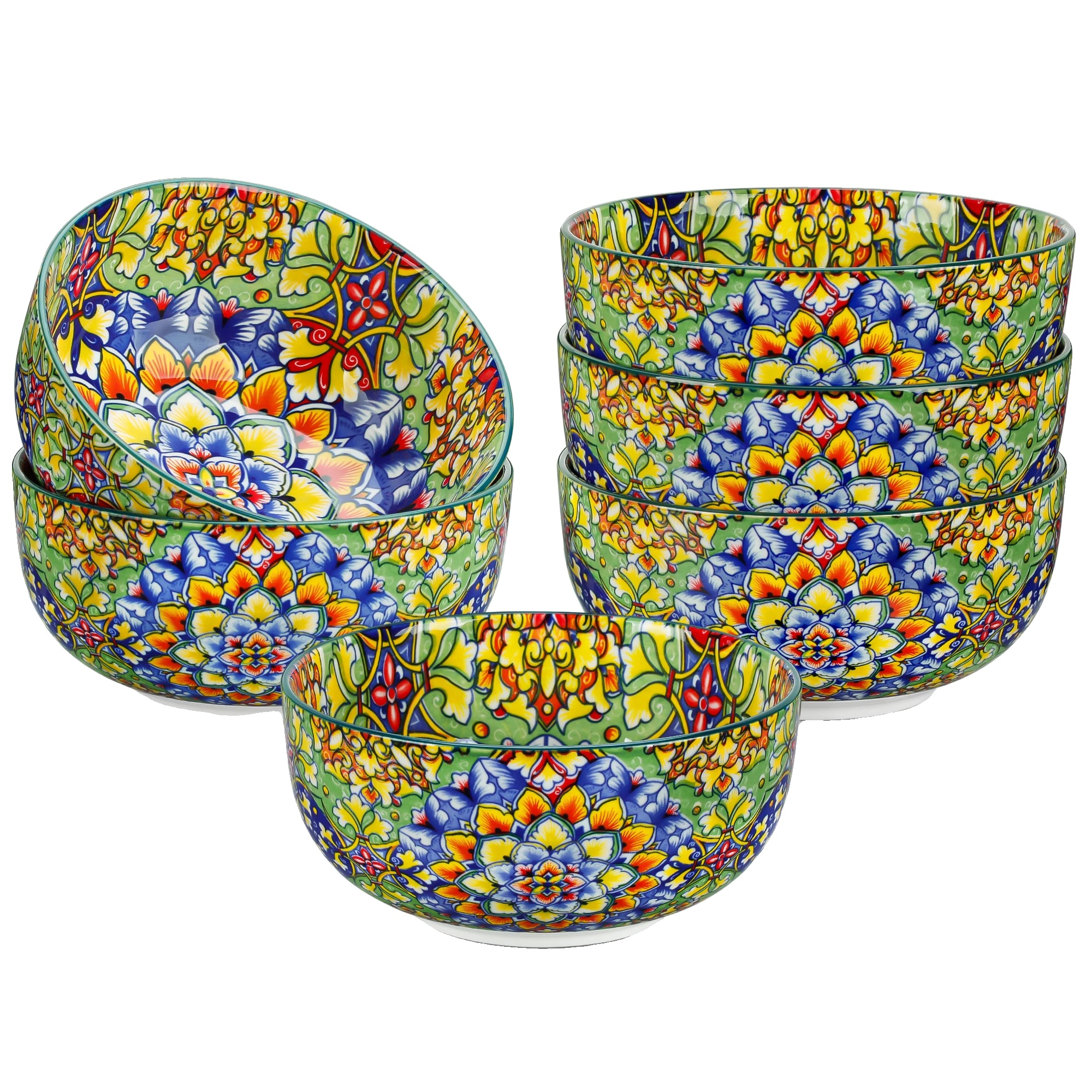 Keramikschalen-set, 28 Unzen Kapazität, Blumenmuster-design, Grasgrün, 6 Stück