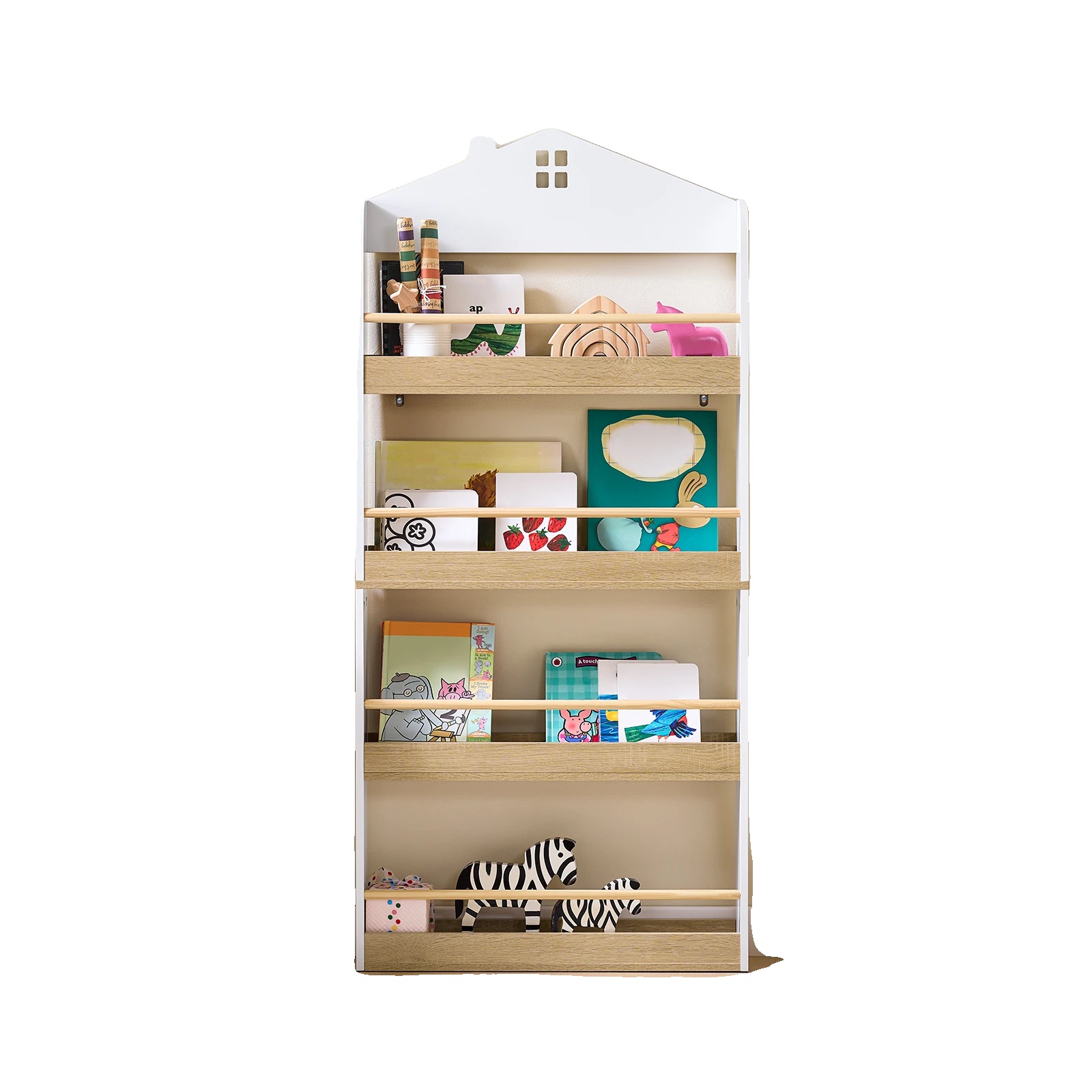 Bücherregal, 4 Offene Regale, Kinderfreundliches Design, Elfenbein
