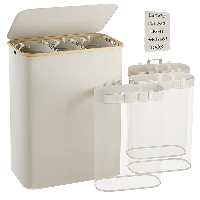 Wäschekorb, 160l Fassungsvermögen, Abnehmbare Taschen, Elfenbein, 160l