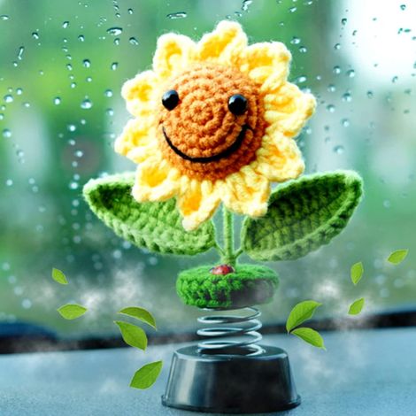 Auto-armaturenbrett-dekoration, Auto-accessoire: Sonnenblume – Gehäkeltes Lächelndes Gesicht – Wackelkopf-sonnenblumen – Armaturenbrett-dekoration Für Damen – Innendekoration