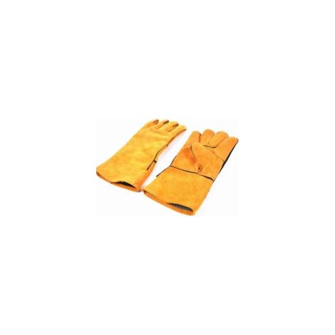 Ein Paar Robuste, Hitzebeständige Schweißerhandschuhe Mit Gelbem Lederfutter, Geeignet Für Holzöfen, Grills Und Gartenarbeiten.