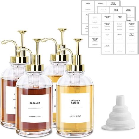 Kaffeesirup-spender – 4 X 500-ml-flaschen Mit Pumpe – Inklusive Etiketten – Ideal Für Kaffeebars, Sirupe Und Zur Küchenorganisation
