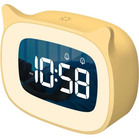 Kinderwecker Mit Nachtlicht Und Klingeltönen, Wiederaufladbar, Niedlicher Katzenohrenwecker, Digitaluhr Fürs Kinderzimmer (gelb)