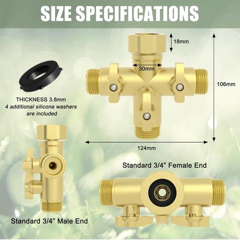 Robuster Y-verbinder Aus Metall Für Gartenschläuche, Mit Absperrventilen, 3/4"-hochleistungs-wasserhahnanschlüssen Und 4 Zusätzlichen Silikon-o-ringen.