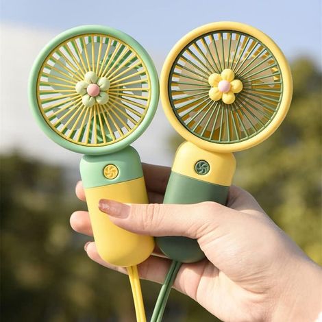 Set Mit 2 Mini-ventilatoren – Niedliches Blumenmuster, Handyhalterung, Usb-aufladbar, Leicht, Für Mädchen, Frauen, Reisen, Für Drinnen Und Draußen (gelb)