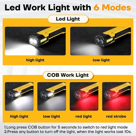 Wiederaufladbare Arbeitsleuchte, 3000 Mah Led-arbeitsleuchte Mit Magnetfuß Und Aufhängehaken, 6 Beleuchtungsmodi, 1500 Lumen Taschenlampe Für Kfz-reparaturen/notfälle (gelb)