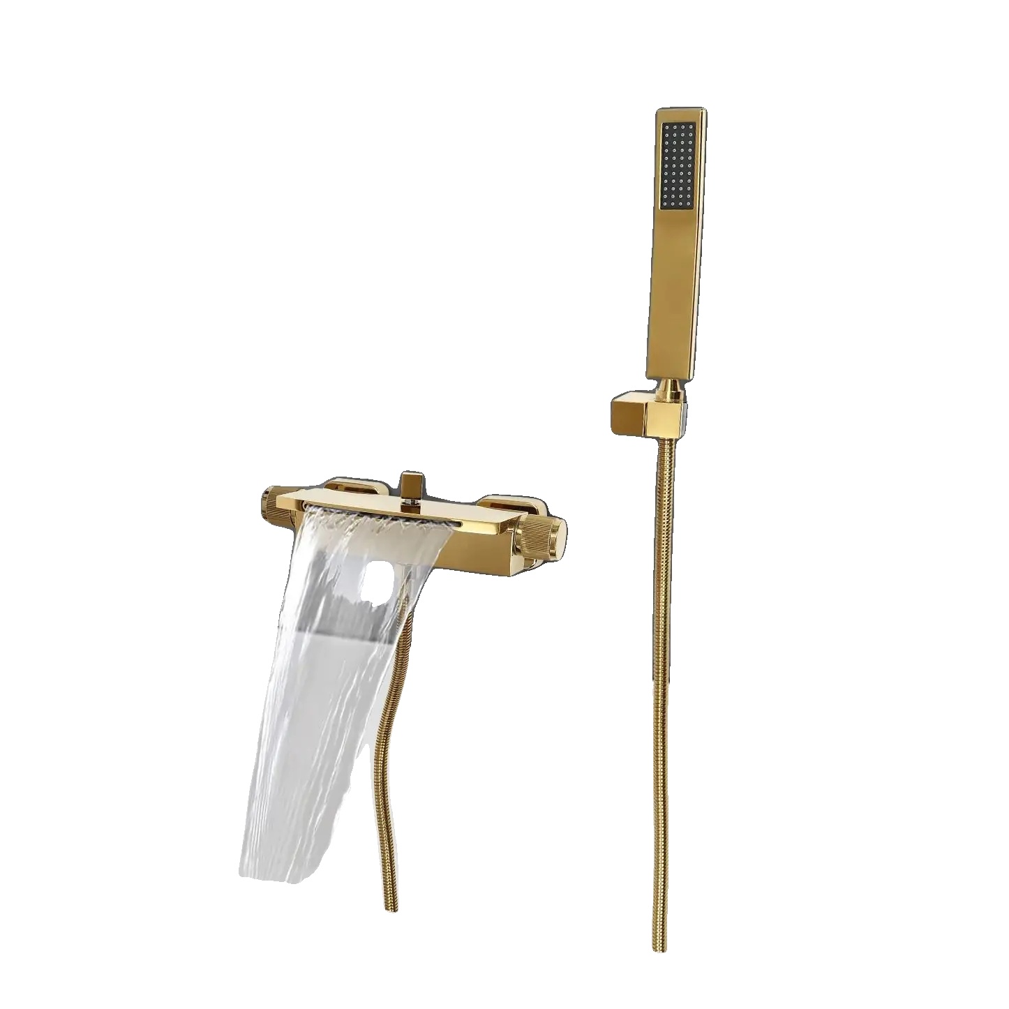 Wandmontierte Wasserfallarmatur, Messingkonstruktion, Handbrause, Gold, G1/2