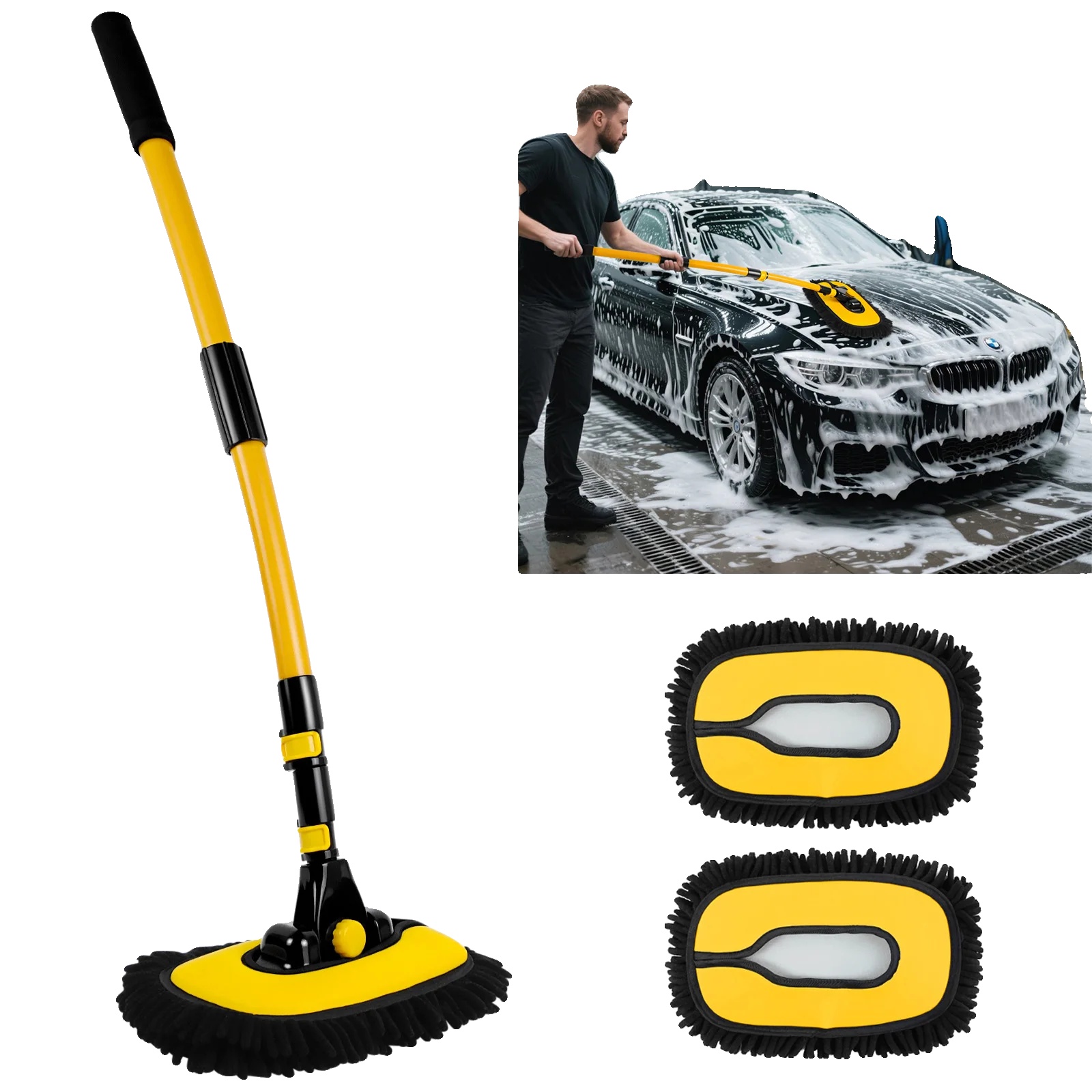 Auto-waschbürste, Verstellbare Länge Von 56 Cm Bis 140 Cm, Gebogener Griff 15°, Kopfgröße 30 Cm X 18 Cm