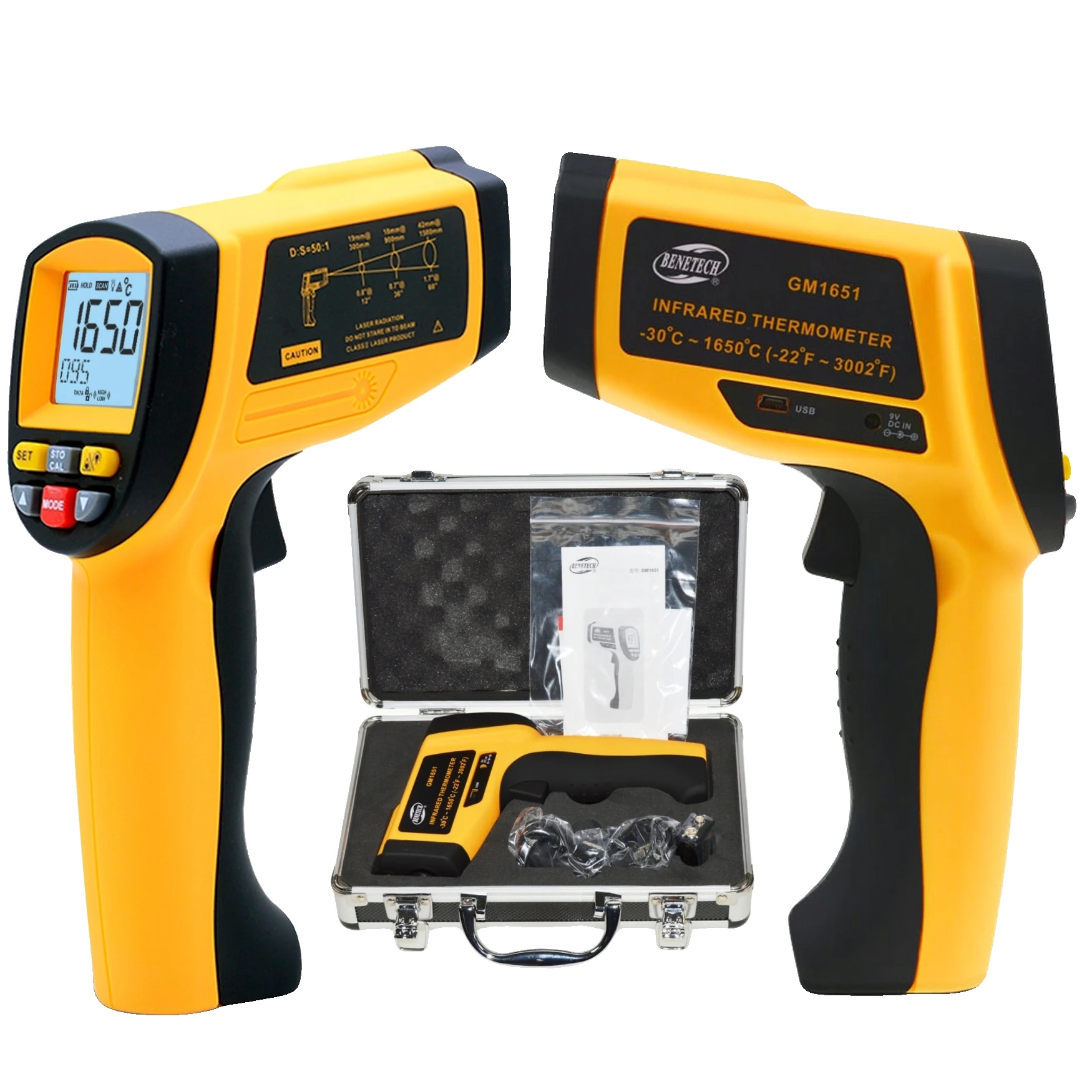 Kontaktloses Thermometer, Temperaturbereich -30 Bis +1650 °c, Einstellbare Emissivität, Ergonomisches Design, Hintergrundbeleuchtetes Lcd-display,