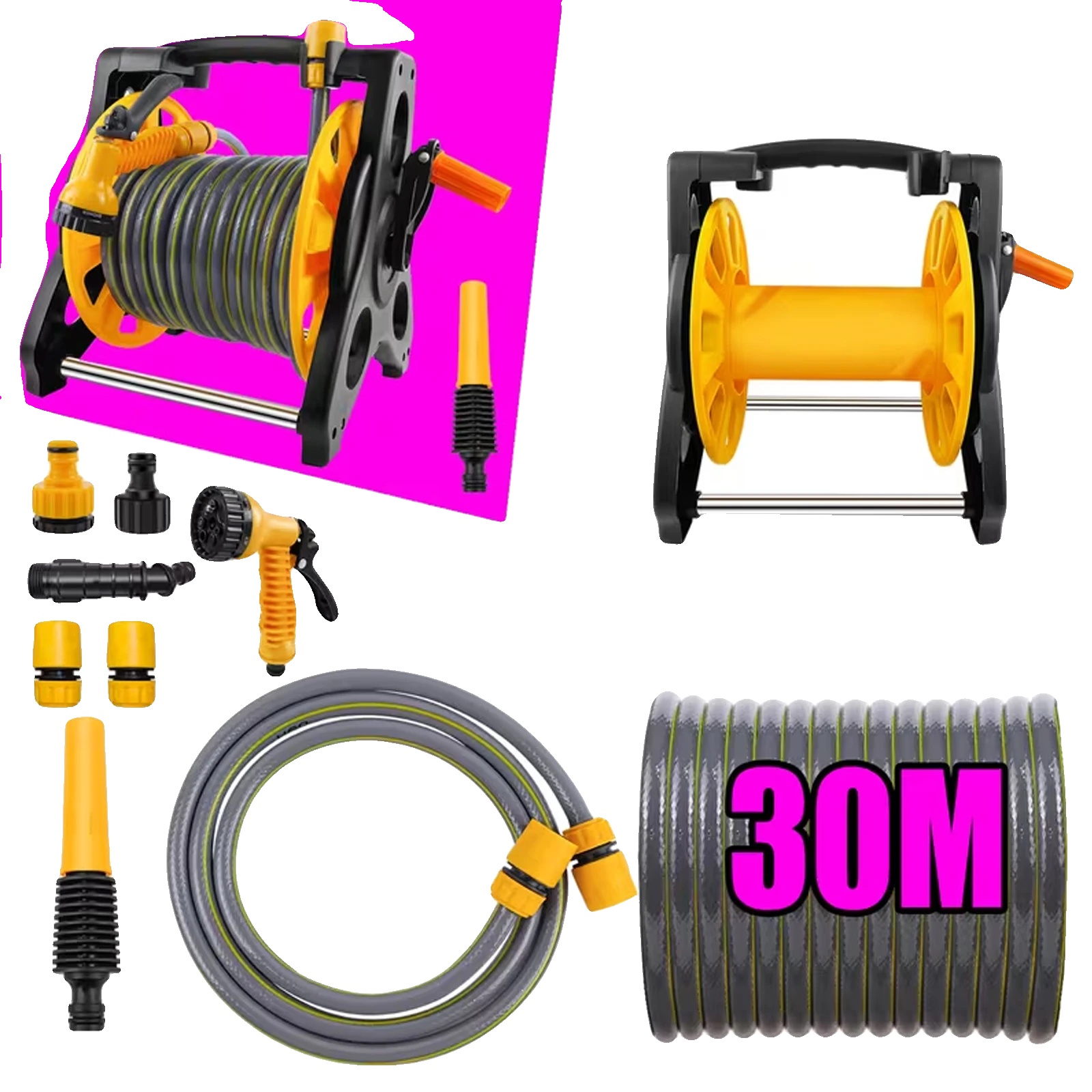 Gartenwasserschlauchbox, 30 M Schlauch, 7 Sprühmodi, Schlauchrolle + 30 M Schlauch