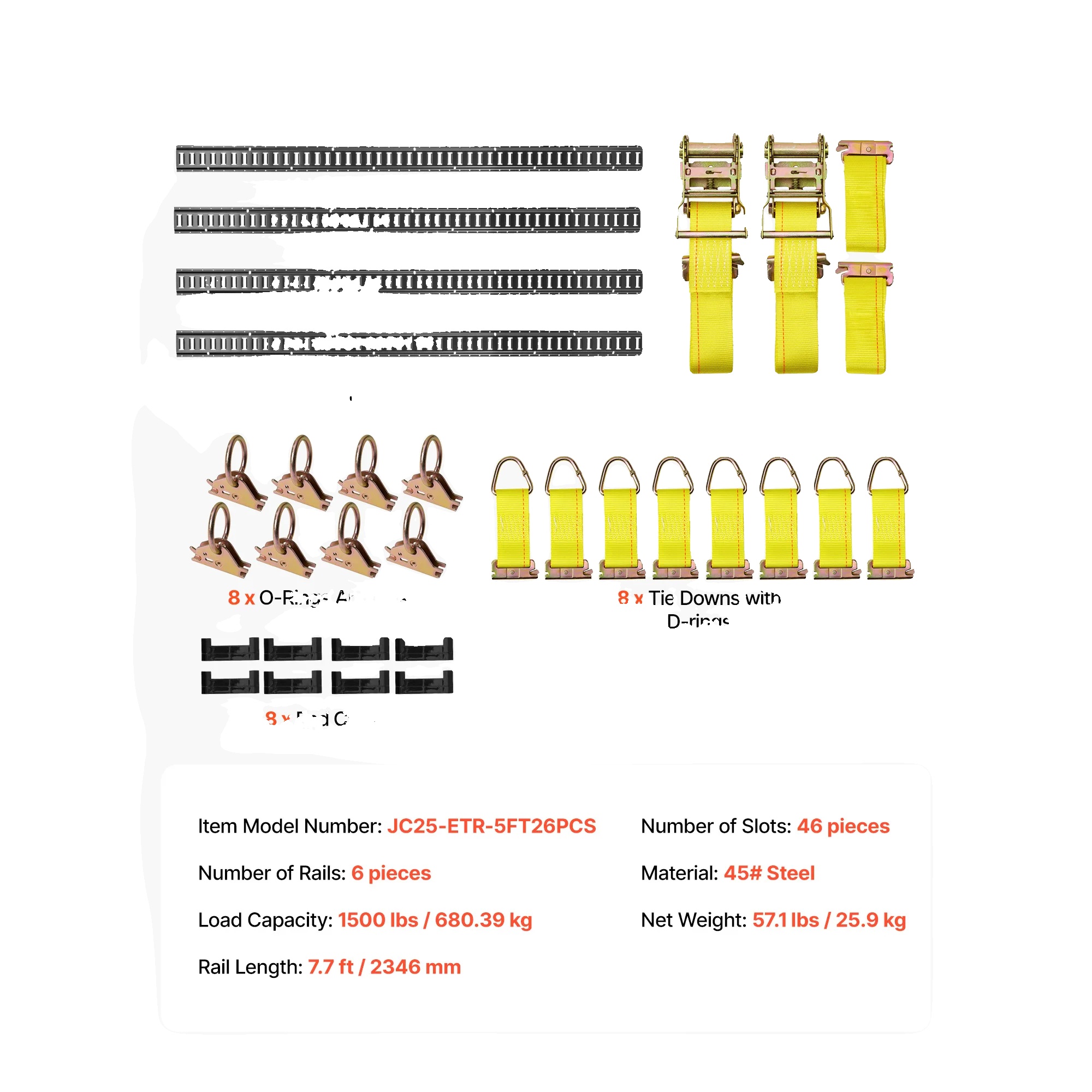 E-track Zurrschienen-kit, 4 Schienen, 2 Ratschenriemen, 4 Pack