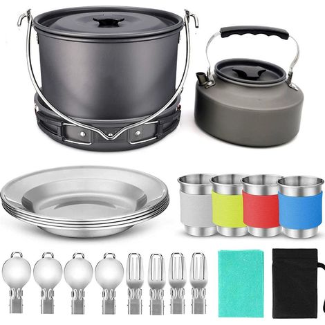 22-teiliges Camping-kochgeschirr-set – Großer Hänge-topf, Bratpfannen, Wasserkocher – Für 4 Personen – Ideal Zum Kochen Im Freien, Campen Und Picknicken