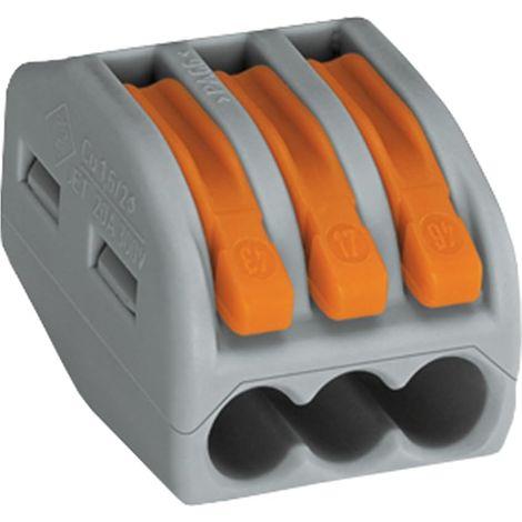 222-413 Klemmenblock Für 3 Leiter Mit Hebeln, Max. 4 Mm². Packung Mit 50 Stück, Grau.
