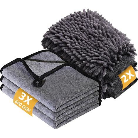 5-teiliges Autoreinigungsset: 3 Autowaschtücher 600 G/m² + 2 Autowaschhandschuhe — Staub- Und Absorptionsset Für Zuhause Und Auto (grau)