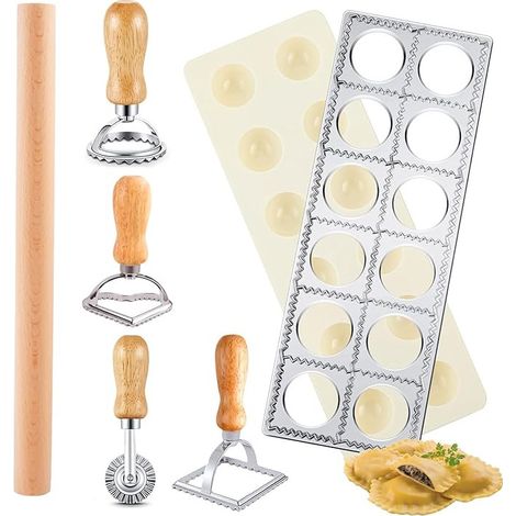 6-teiliges Ravioli-formen-set – 12-loch-stempel, 4 Ausstecher Und Nudelholz Aus Holz, Set Für Pasta, Ravioli Und Fleischfrikadellen