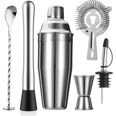 6-teiliges Cocktailset Inklusive Shaker, Barsieb, Stößel, Messbecher, Mixlöffel, Ausgießer, Barset, Edelstahl-barset