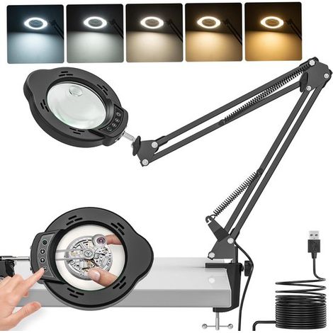 Led-schreibtischlampe Mit Lupe – 15-fache Und 10-fache Vergrößerung – 5 Farbmodi – 10 Helligkeitsstufen – Verstellbare Klemme Und Schwenkbarer Arm