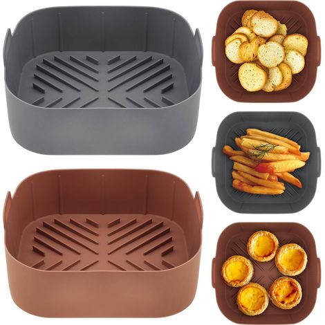 Set Mit 2 Quadratischen Silikon-backmatten Für Heißluftfritteusen (21 Cm) – Wiederverwendbar Für 4- Bis 8-liter-heißluftfritteusen – Ersetzt Backpapier – Ofen- Und Mikrowellengeeignet – Grau