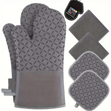 Set Mit 6 Grauen Ofenhandschuhen – Hitzebeständig Bis 500 °c – Extra Langes Design – Rutschfeste Silikonbeschichtung – Ideal Zum Kochen, Backen Und Für Heiße Pfannen