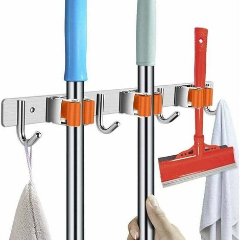 Sonderangebot – Gerätehalterung, Wischmopp- Und Besenhalter, Wandmontage Mit Haken Zum Aufhängen Des Besens, Edelstahl, Selbstklebend, Mit 3 Halterungen Und 4 Haken (grau), Von Debuns