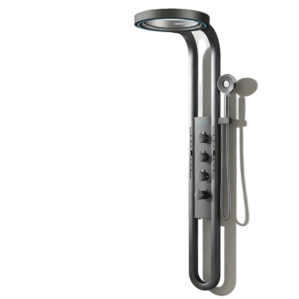 Duschsystem, Wandmontiert, Kreisförmiger Wasserfallauslass, Digitale Anzeigefunktion, Grau