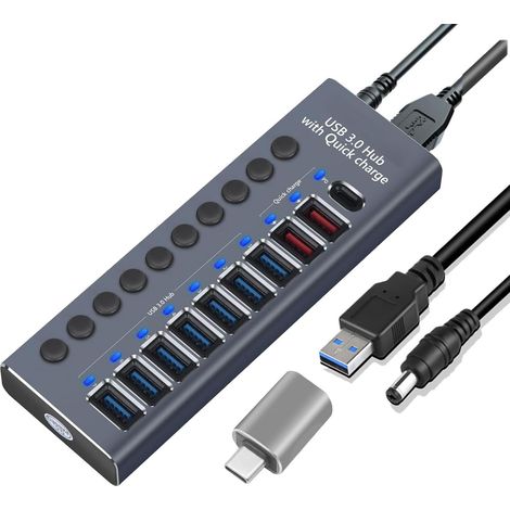 Usb-3.0-hub Aus Aluminium Mit Ladefunktion – Separates Netzteil Und Ein-/ausschalter – Silbergrau – 10 Anschlüsse