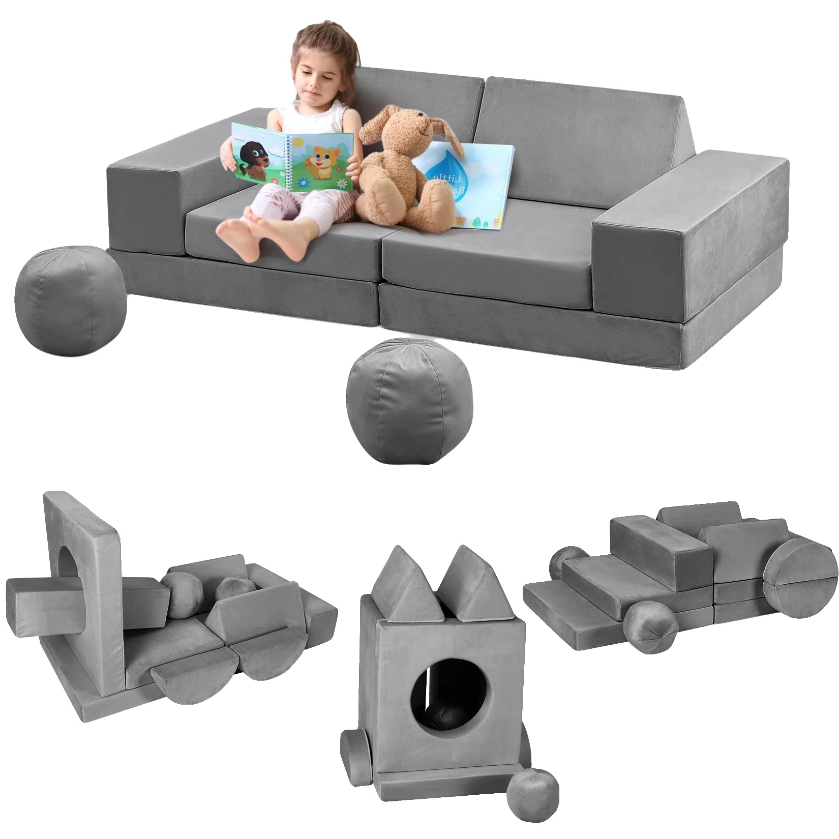 Kinder Spielcouch, Modulares Design, Weiche Schaumstoffkonstruktion, Grau