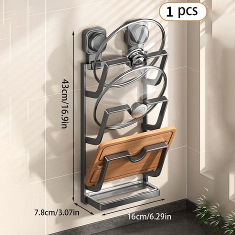 Wandmontierter 3-stöckiger Deckelhalter – Grauer Metallrahmen Mit Abtropfschale – 43 X 7,8 X 16 Cm