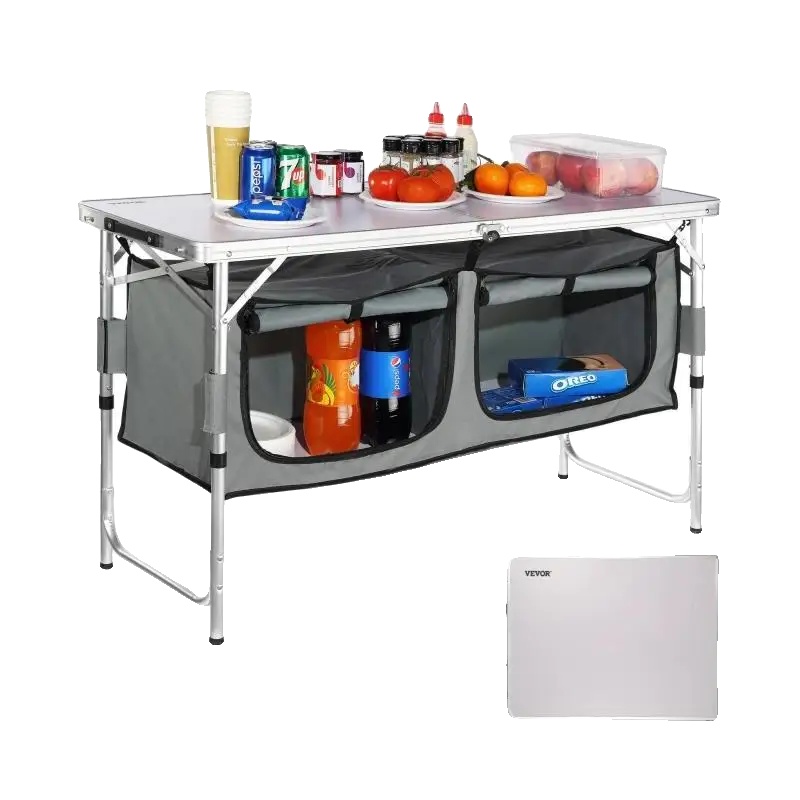Camping-küchentisch, Mdf-material, 140 Cm X 68 Cm Abmessungen, Bis Zu 113 Kg Tragfähigkeit, Langlebige X-rahmen-konstruktion, Höhenverstellbar