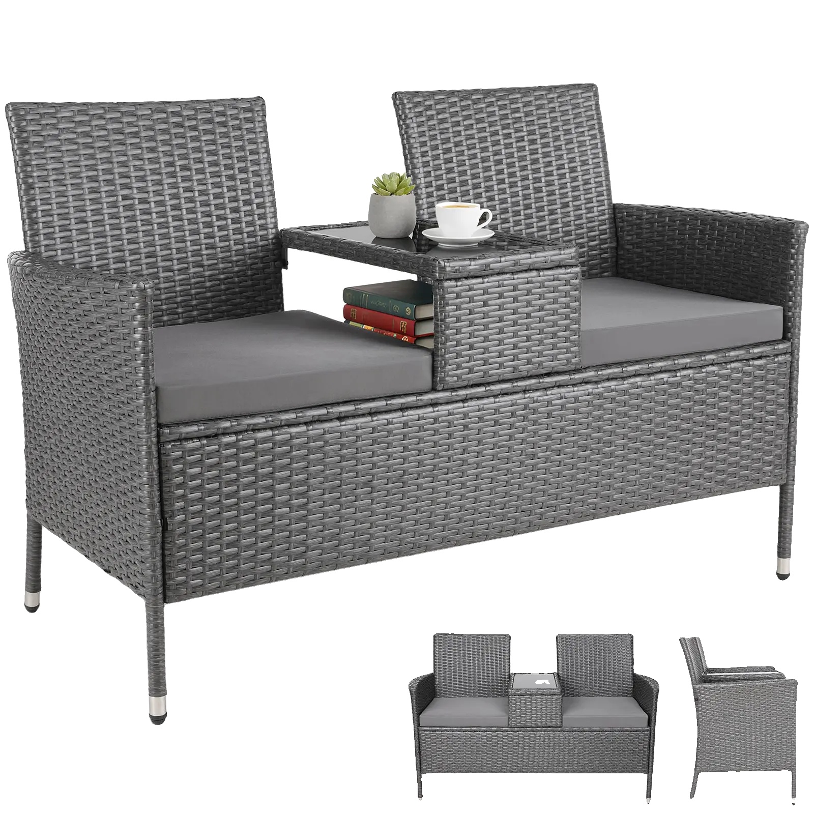 Garten Sofa, Zweisitzer, Polyrattan Material, Grau Graues Kissen