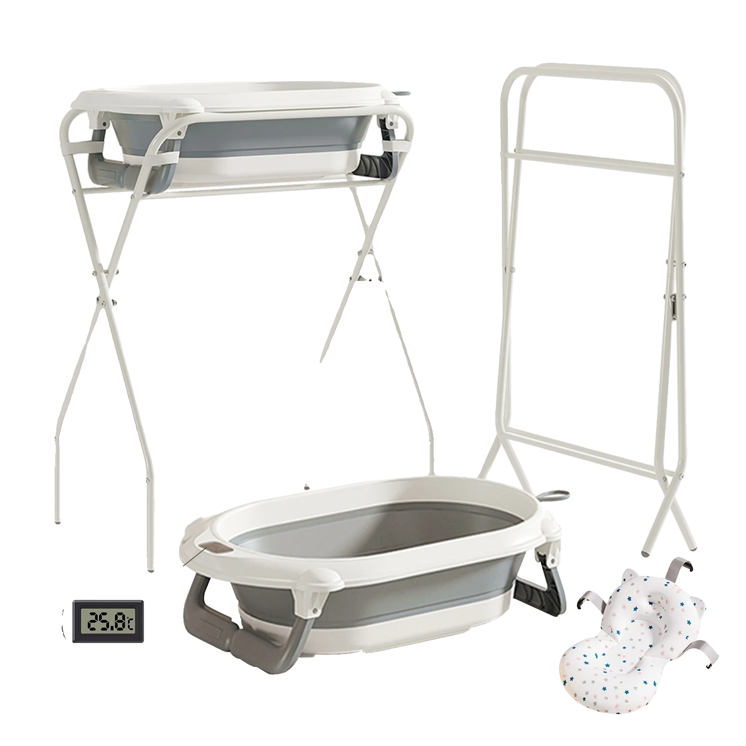 3-in-1 Babybadewanne Mit Ständer, Ergonomisches Design, Faltbare Struktur, Grau