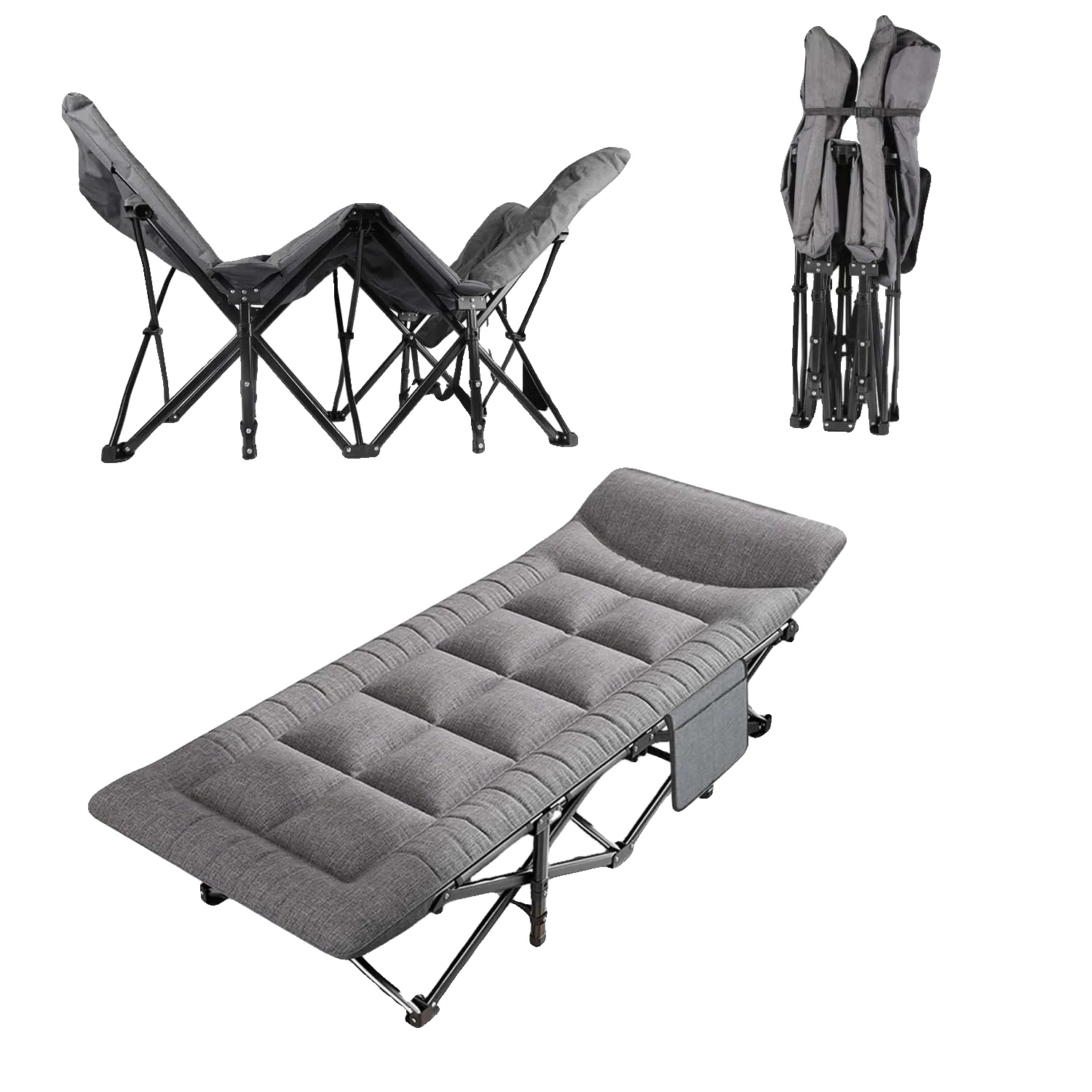 Sonnenliege, Tragbares Klappdesign, Integriertes Kissen, Grau