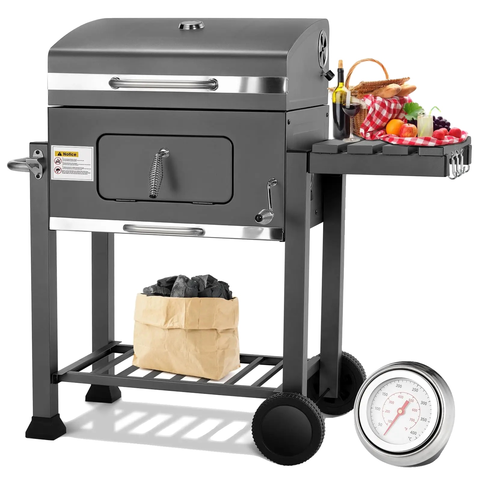 Holzkohlegrill, Räucherfunktion, Einfache Mobilität, Grau