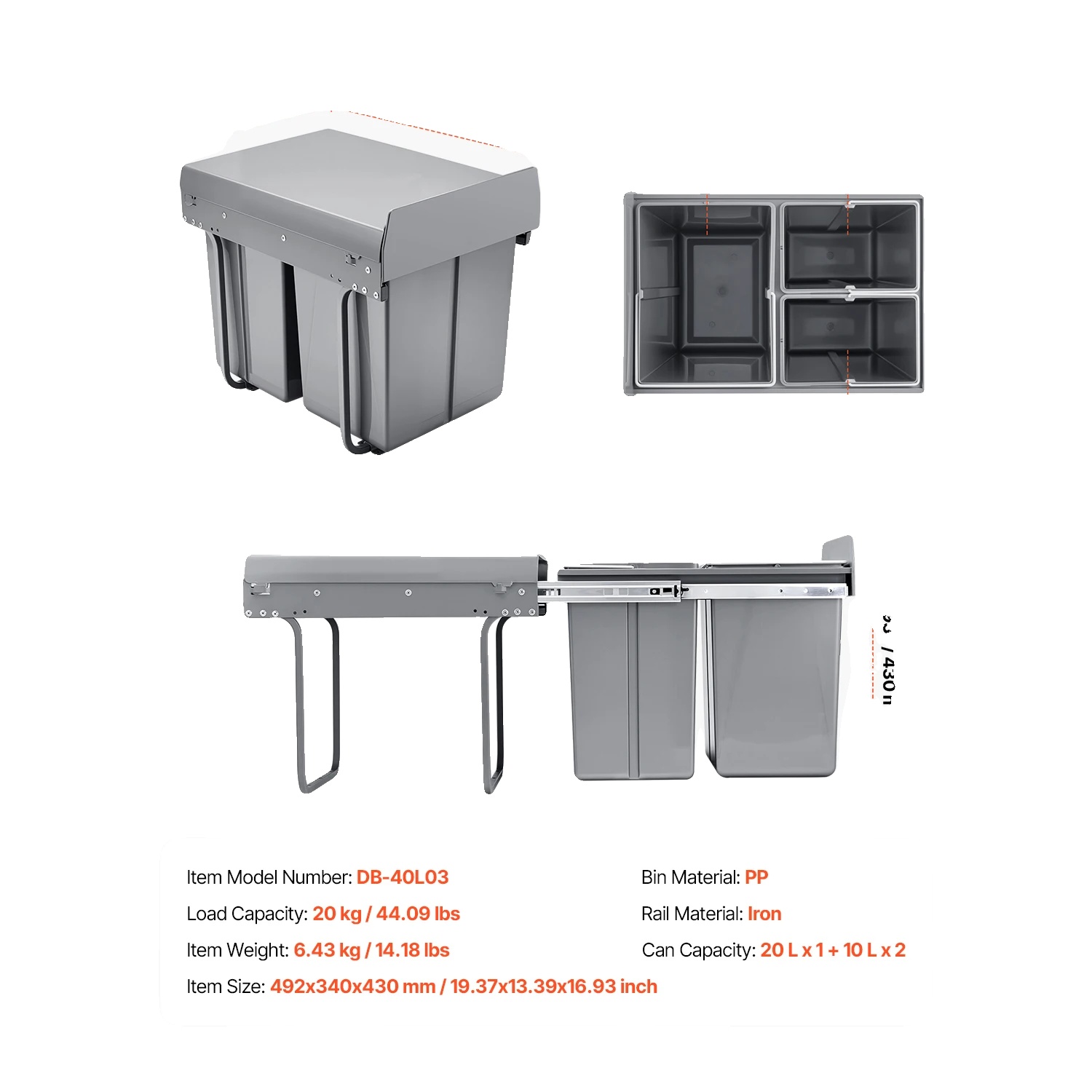 Unterbau-müllbehälter, Robuster Metall-schiebesystem, Platzsparendes Design, 20 10 10l