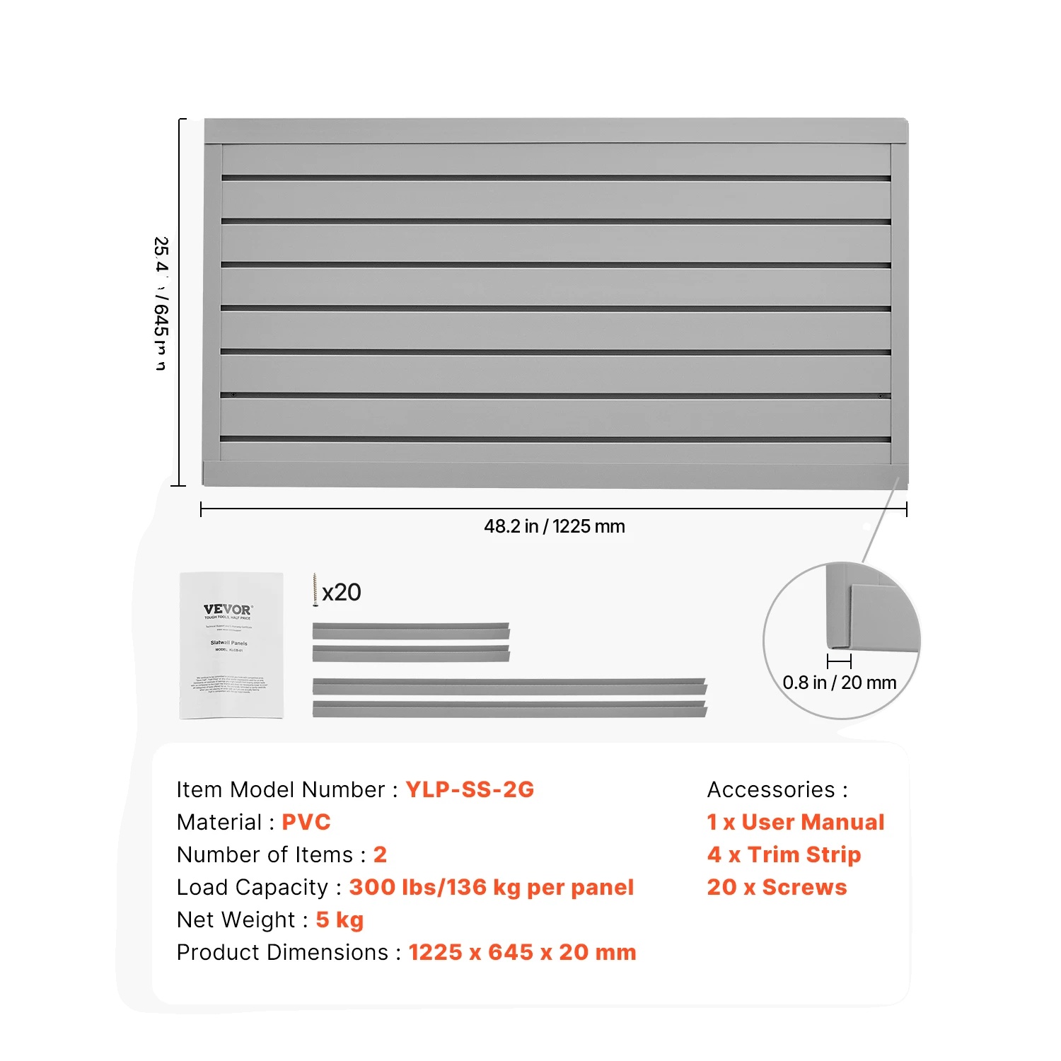 Slat-wandverkleidung, Langlebiges Pvc, Verstellbare Aufbewahrungslösung, Grau, 8 X 4ft 32sq.ft