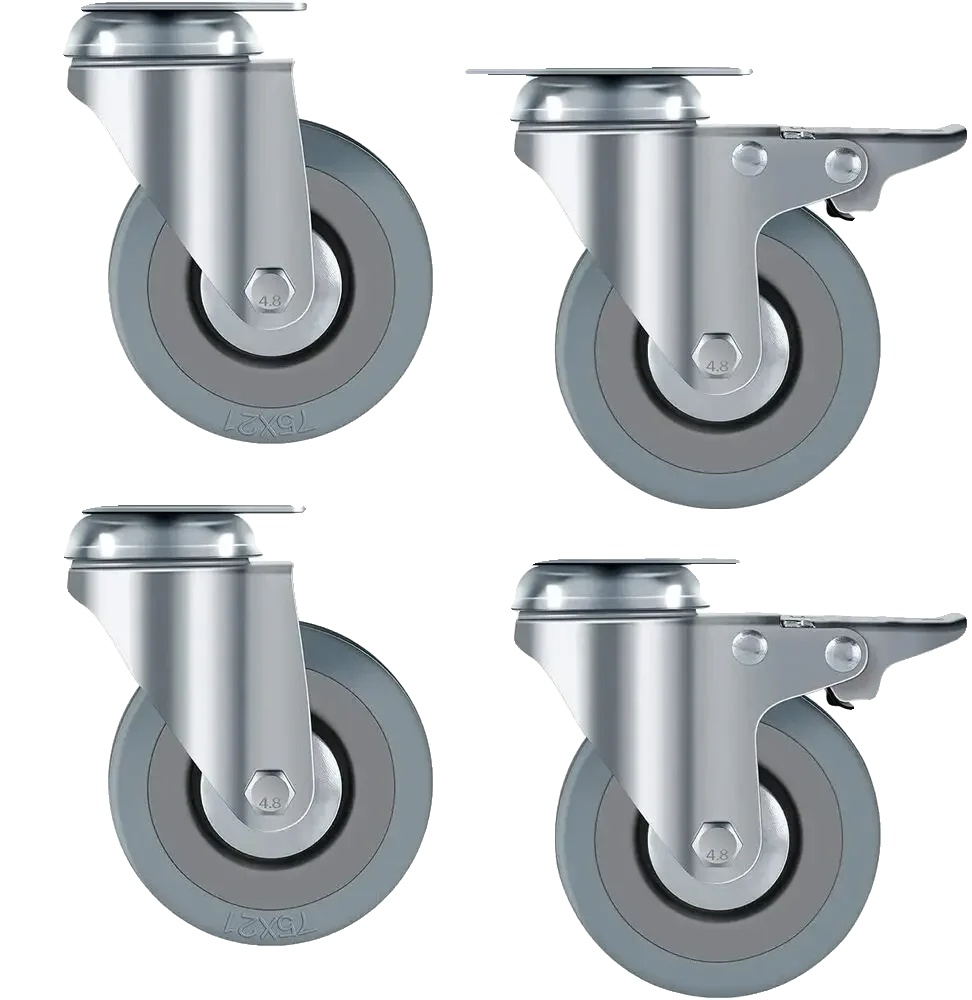 Transportrollen, Gummi-räder, Durchmesser 75 Mm, Tragfähigkeit 50 Kg Pro Rolle, Gesamthöhe 100 Mm, Plattengröße 65 X 65 Mm