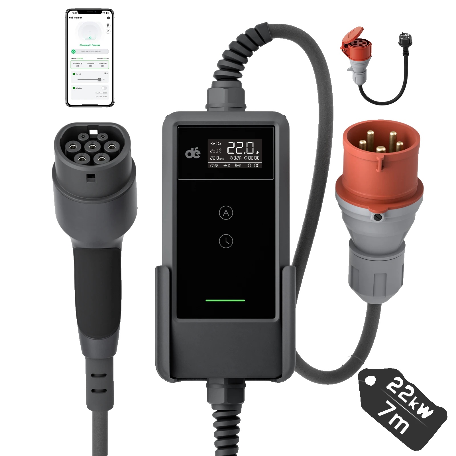 Ev-ladegerät, 22 Kw Leistung, Flexible Stromoptionen, 7m Wandmontierte App