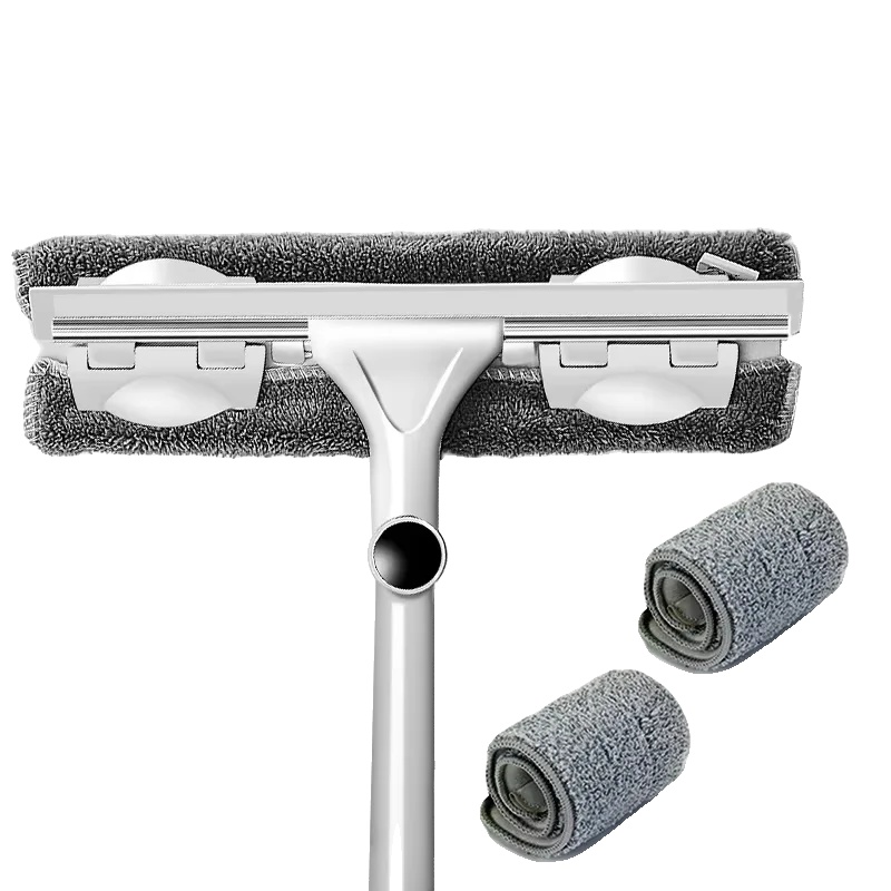 Fensterreinigungswerkzeug, Teleskopstiel, Dual-reinigungskopf, Grau 1 Mop 3 Tücher