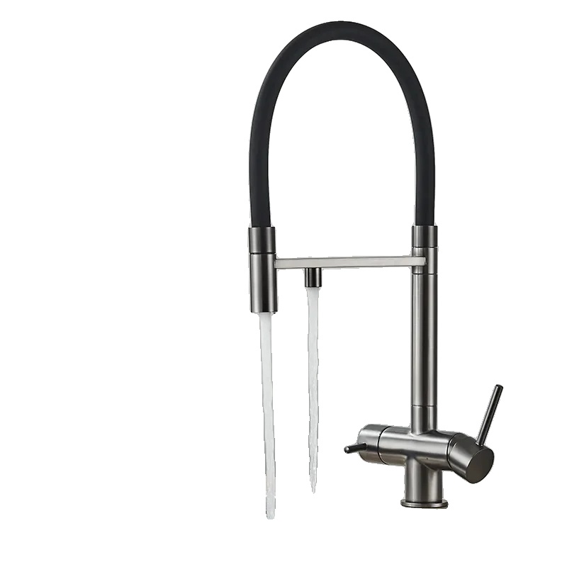 Küchenwasserfilterarmatur, Dual-handle, Ausziehbare Sprühfunktion, Grau