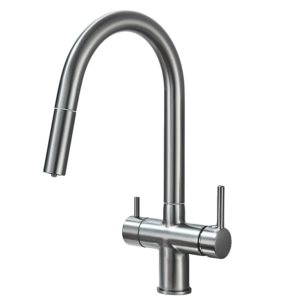 Küchenarmatur, Dual-handle, Ausziehbare Sprühfunktion, Gebürstet Grau