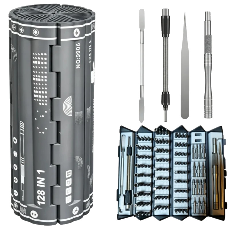 Präzisionsschraubendreher Set, 128-teiliges Kit, Magnetische Bits, Grau