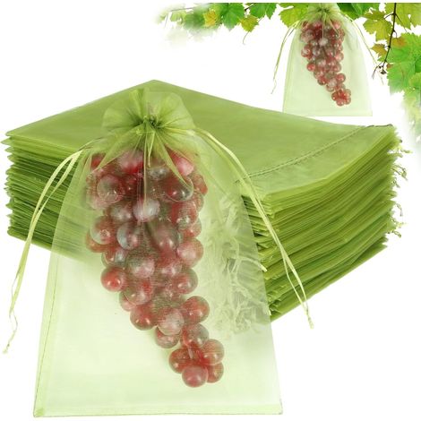 100 Schutzbeutel Für Früchte (20 X 30 Cm), Grüne Netzbeutel Mit Kordelzug, Zum Schutz Von Früchten Und Zur Schädlingsbekämpfung, Insbesondere Für Weinreben, Mangobäume Und Töpfe.