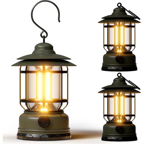 3er-set Led-campinglaternen – 1500 Lm, Stufenlos Einstellbare Helligkeit – Wiederaufladbar – Leicht Und Im Retro-stil – Ideal Für Camping Und Notfälle – Grün