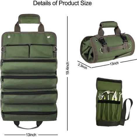 Aufrollbare Werkzeugtasche Mit 2 Kleinen, Herausnehmbaren Reißverschlussfächern. Kompakt Und Robust Für Die Aufbewahrung.