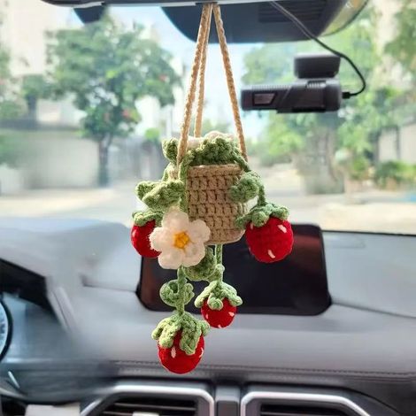 Dekorative Haken Mit Gänseblümchen- Und Erdbeermotiven – Hängepflanzen – Autozubehör – Ästhetische Dekoration – Rückspiegelhalter Für Damen Und Herren – Hübsche, Handgefertigte Auto-innenausstattung